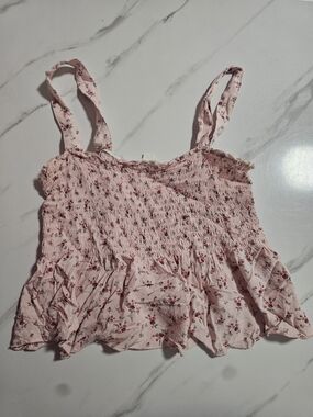 Garage Pink Floral Smocked Ruffle Strap Crop Top Size L